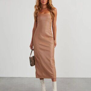 Vici - Tan Strapless Faux Leather Midi Dress (NEW WITH TAGS)